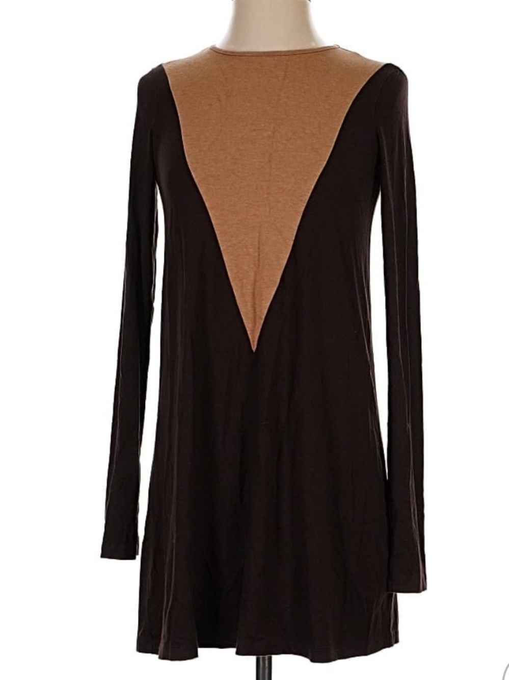 Two-Tone V-Inset Long Sleeve Swing Dress - Brown/Camel